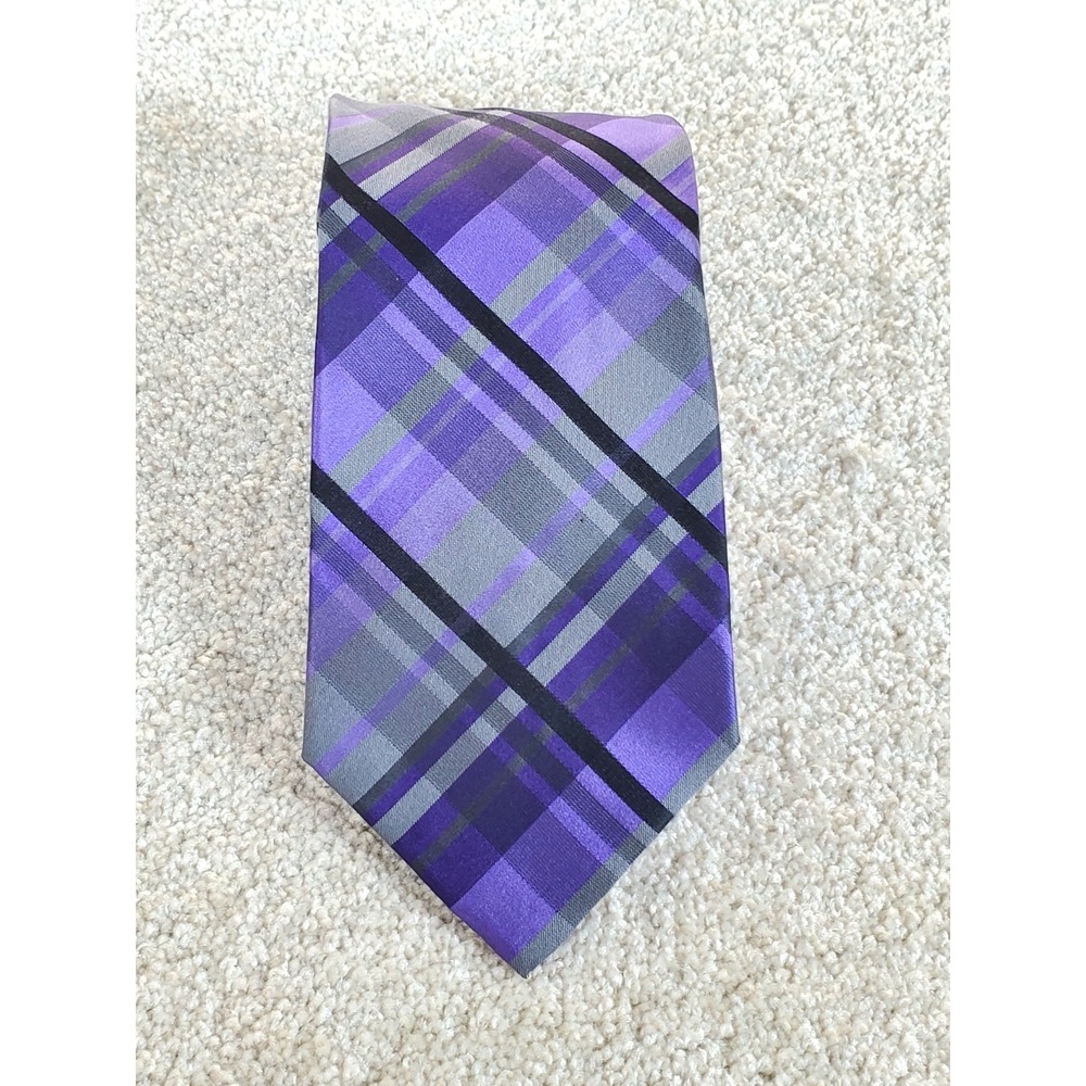 Calvin Klein Men's Neck Tie Purple Gray Stripe Plaid Silk Ex. Long 63 1/2" NWTG